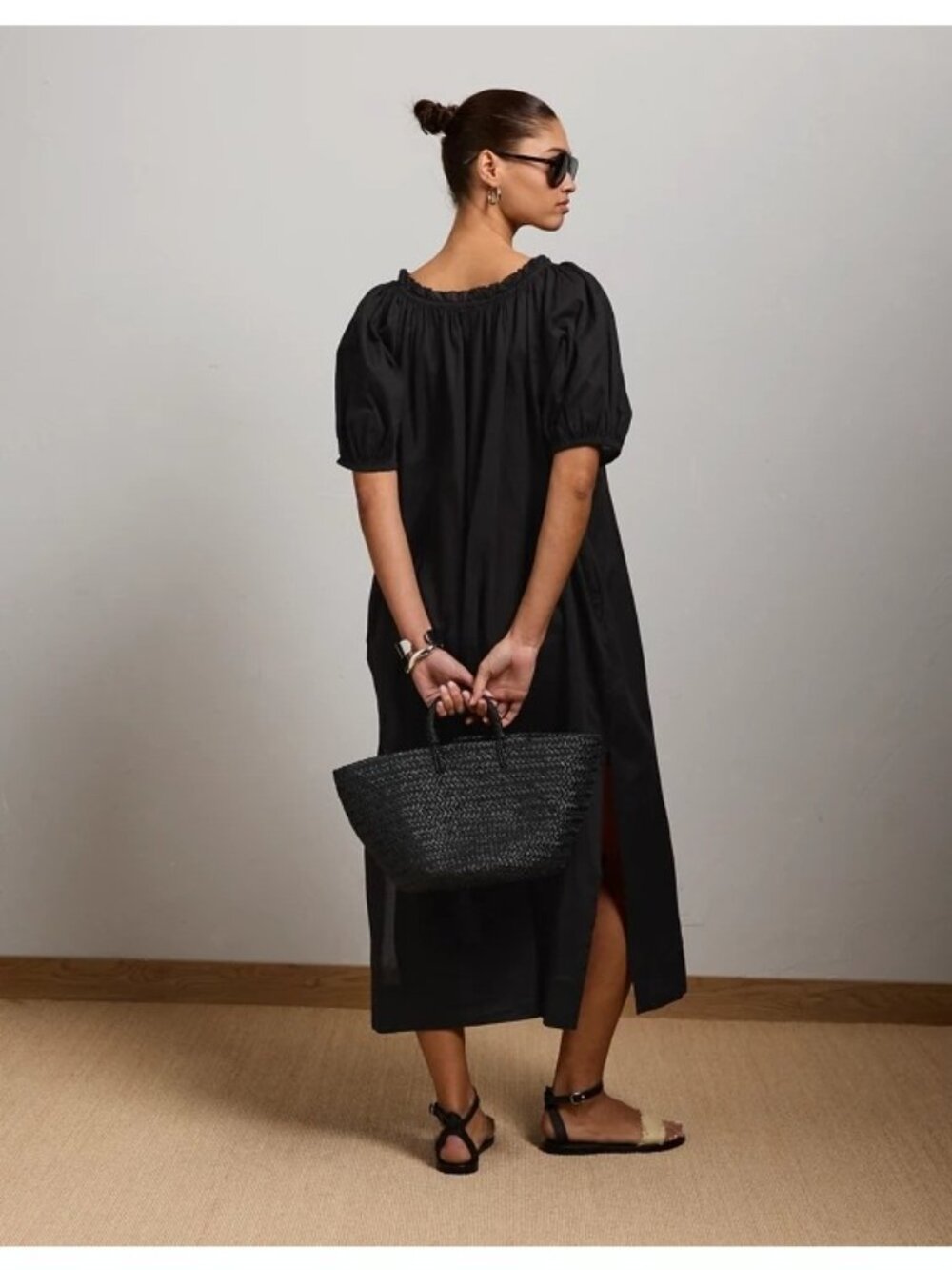 H&M Tiered Midi Dress Size  XL Black Puff Sleeve Ruffled Neck Off Shoulder - Picture 2 of 11